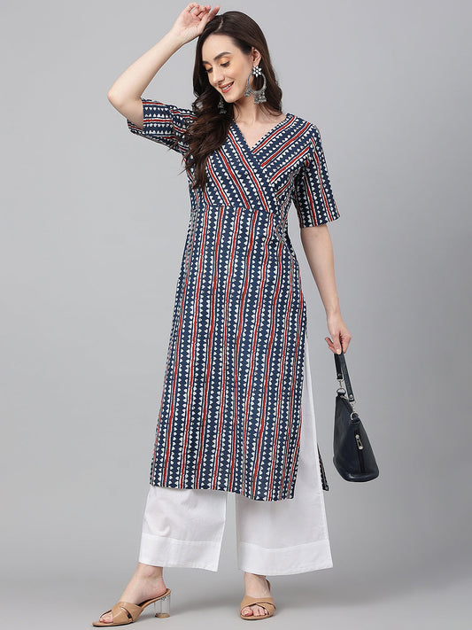 Janasya Women's Navy Blue Cotton Geometric Printed Casual Straight Kurta | Grab2Buy