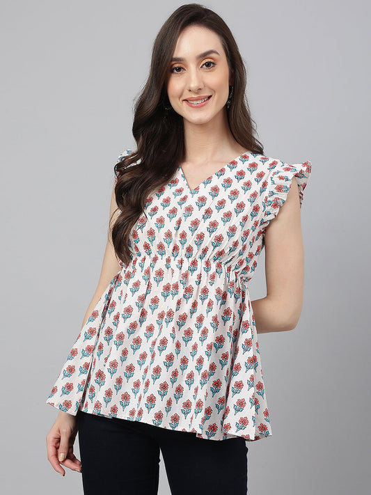 Janasya Women's White Cotton Floral Print Flared Top 