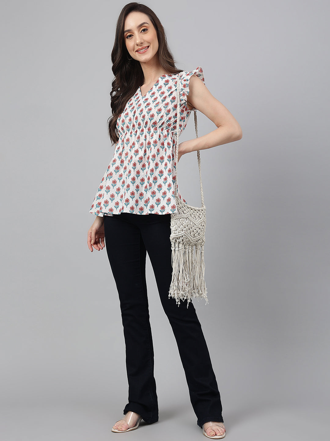 Janasya Women's White Cotton Floral Print Flared Top 