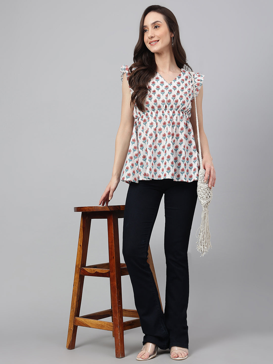 Janasya Women's White Cotton Floral Print Flared Top 