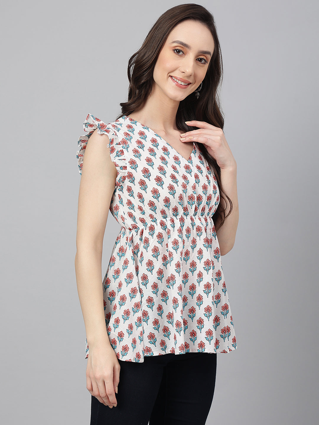 Janasya Women's White Cotton Floral Print Flared Top 