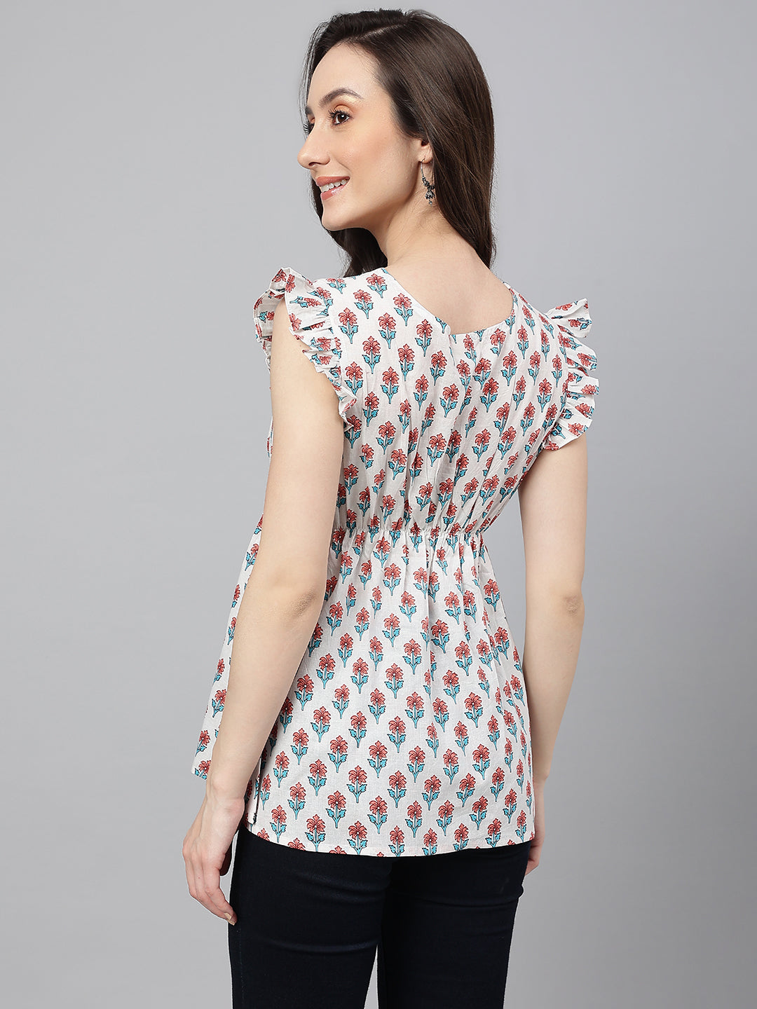 Janasya Women's White Cotton Floral Print Flared Top 