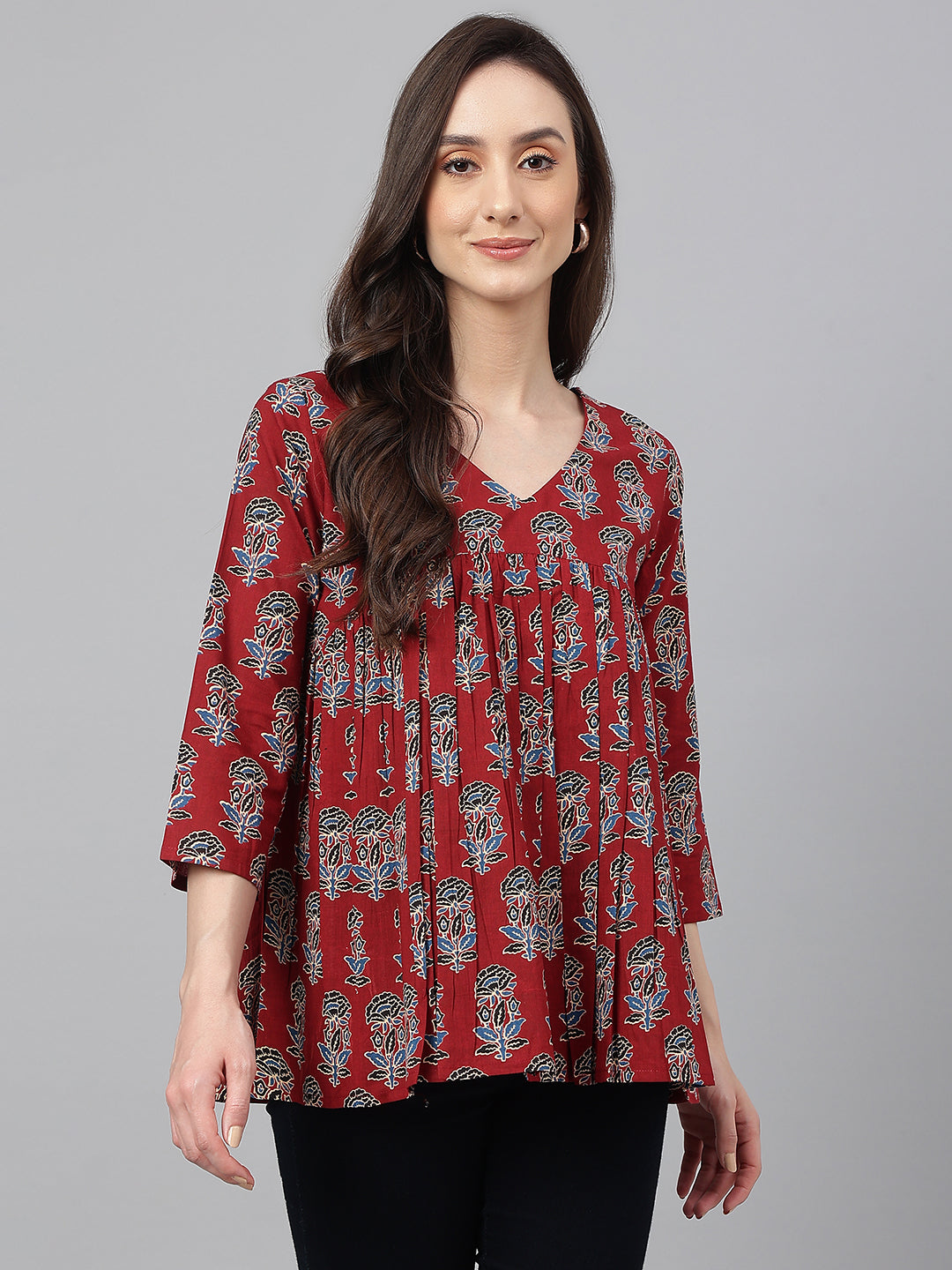 Janasya Women's Maroon Cotton Floral Block Print Flared Top 