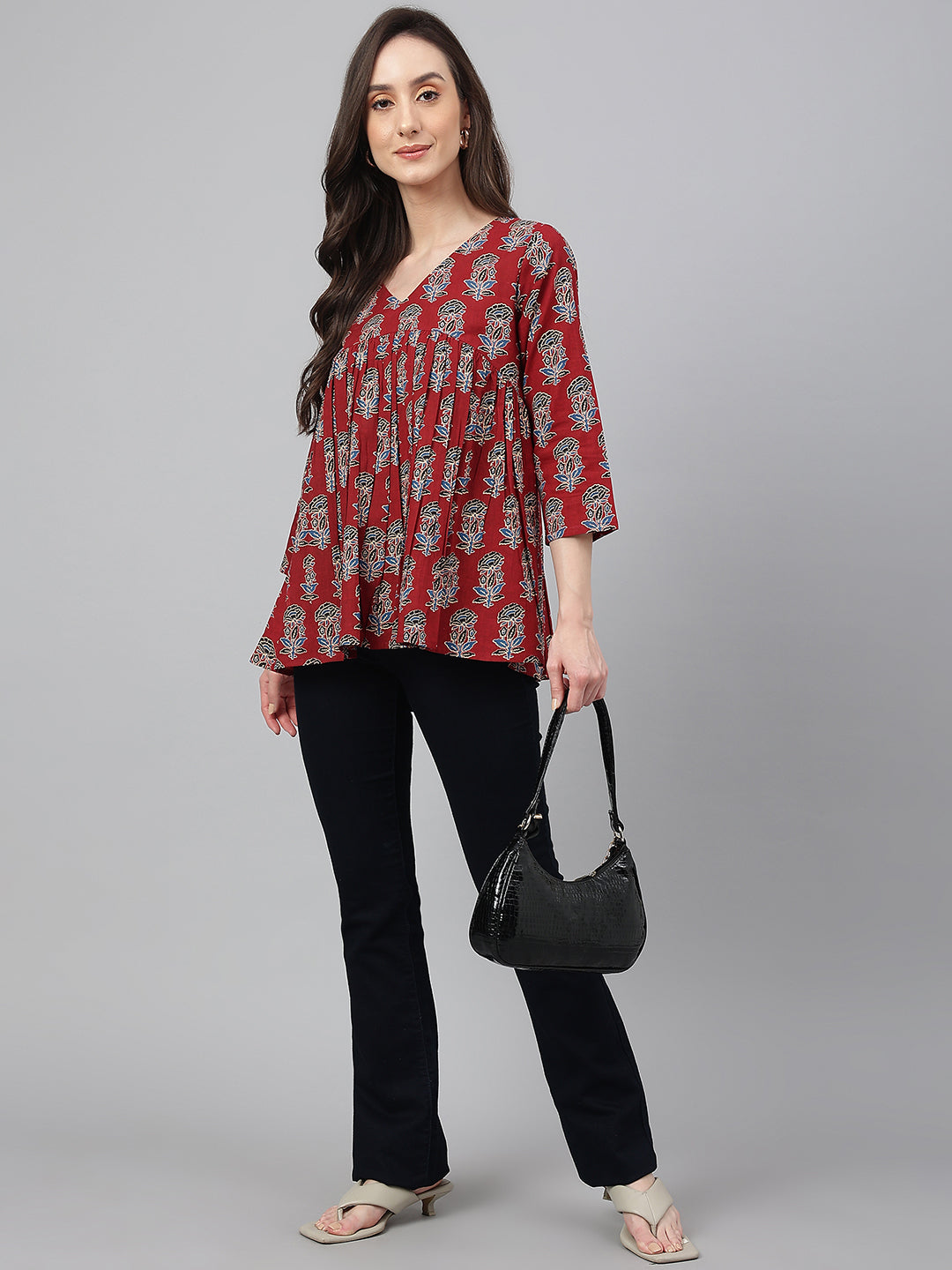 Janasya Women's Maroon Cotton Floral Block Print Flared Top 