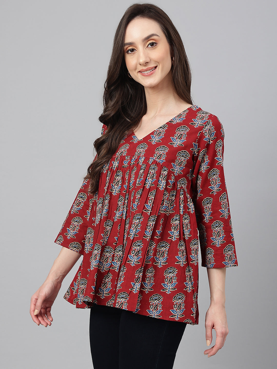 Janasya Women's Maroon Cotton Floral Block Print Flared Top 