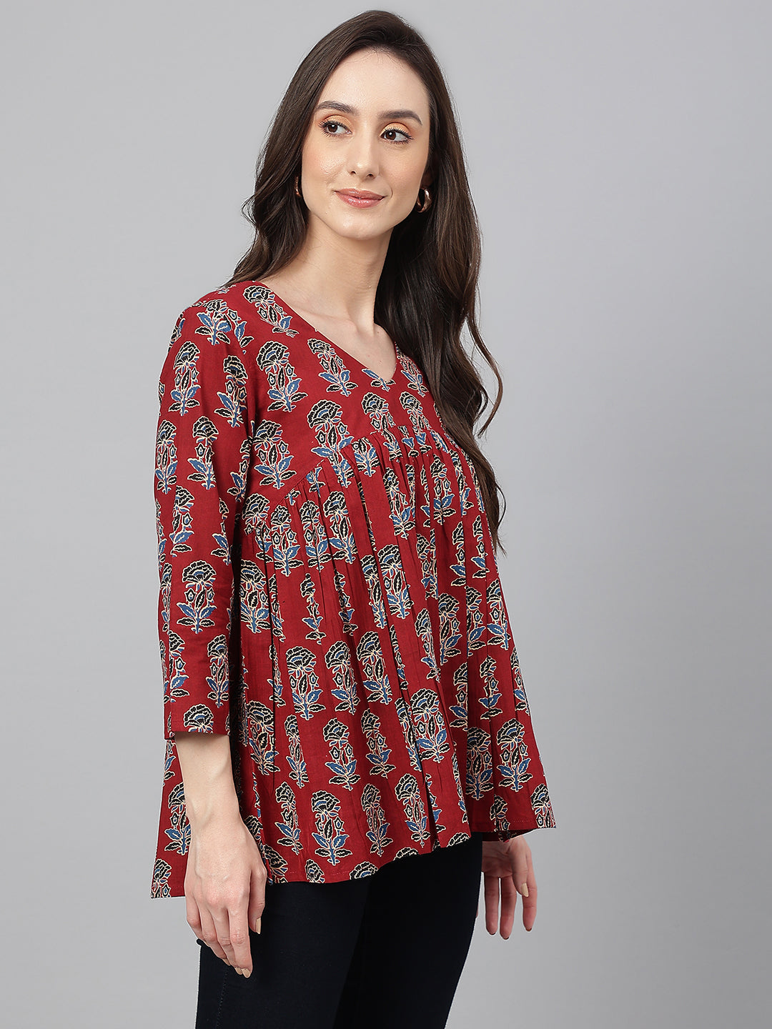 Janasya Women's Maroon Cotton Floral Block Print Flared Top 