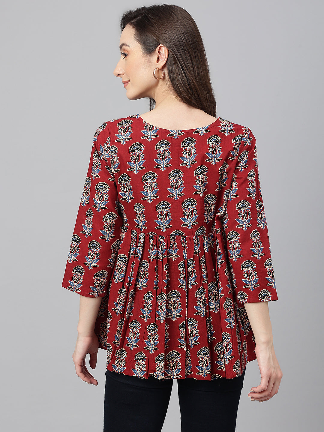 Janasya Women's Maroon Cotton Floral Block Print Flared Top 