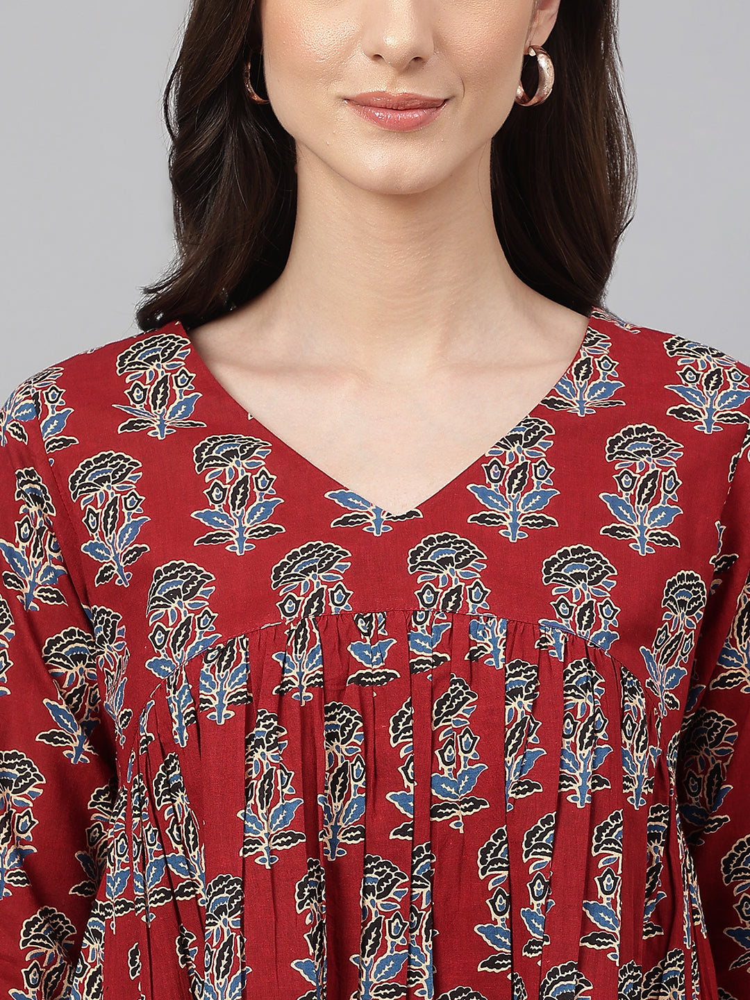 Janasya Women's Maroon Cotton Floral Block Print Flared Top 