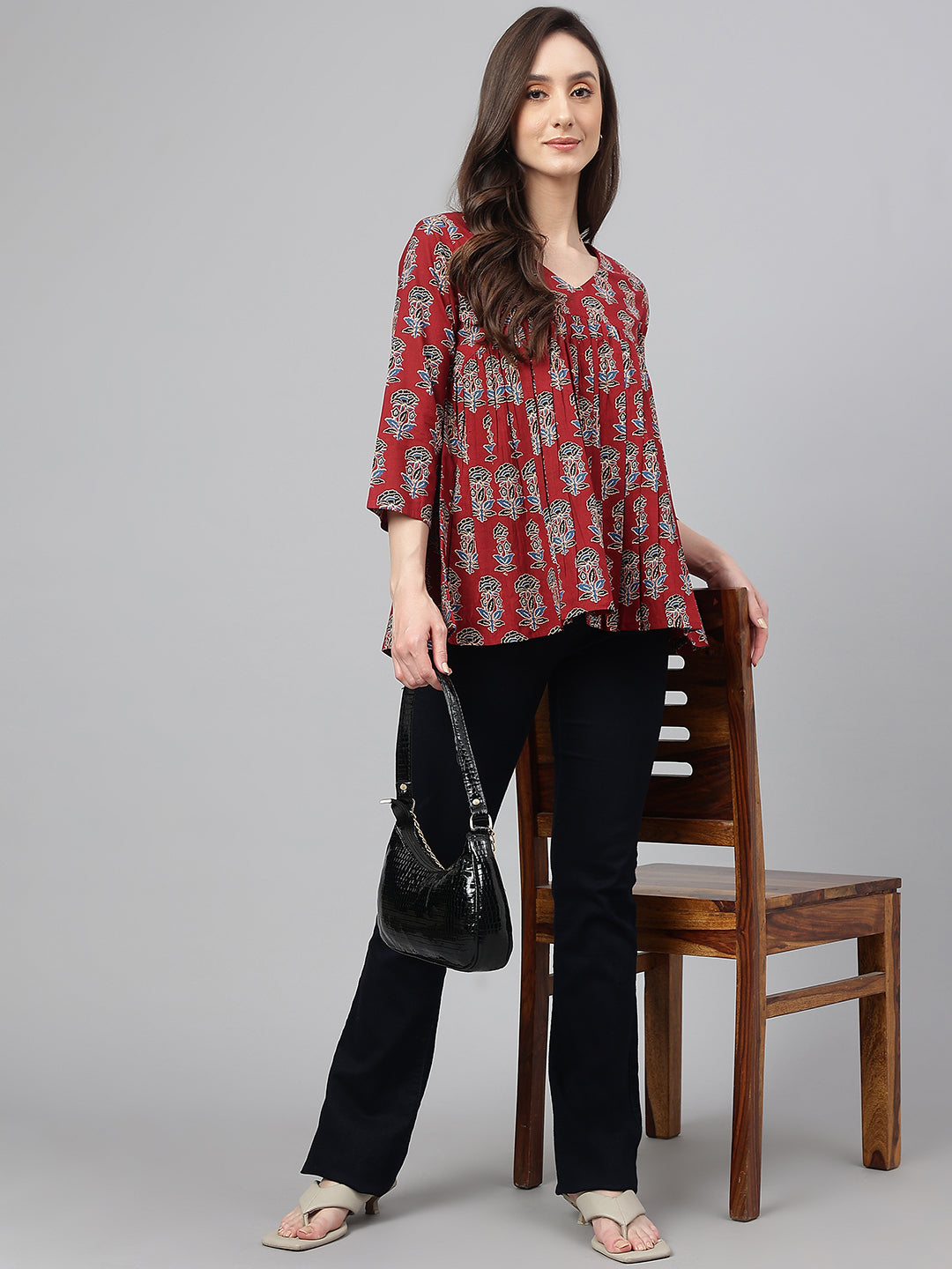 Janasya Women's Maroon Cotton Floral Block Print Flared Top 