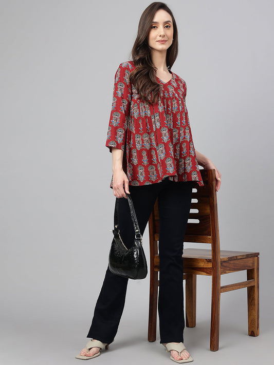 Janasya Women's Maroon Cotton Floral Block Print Flared Top 