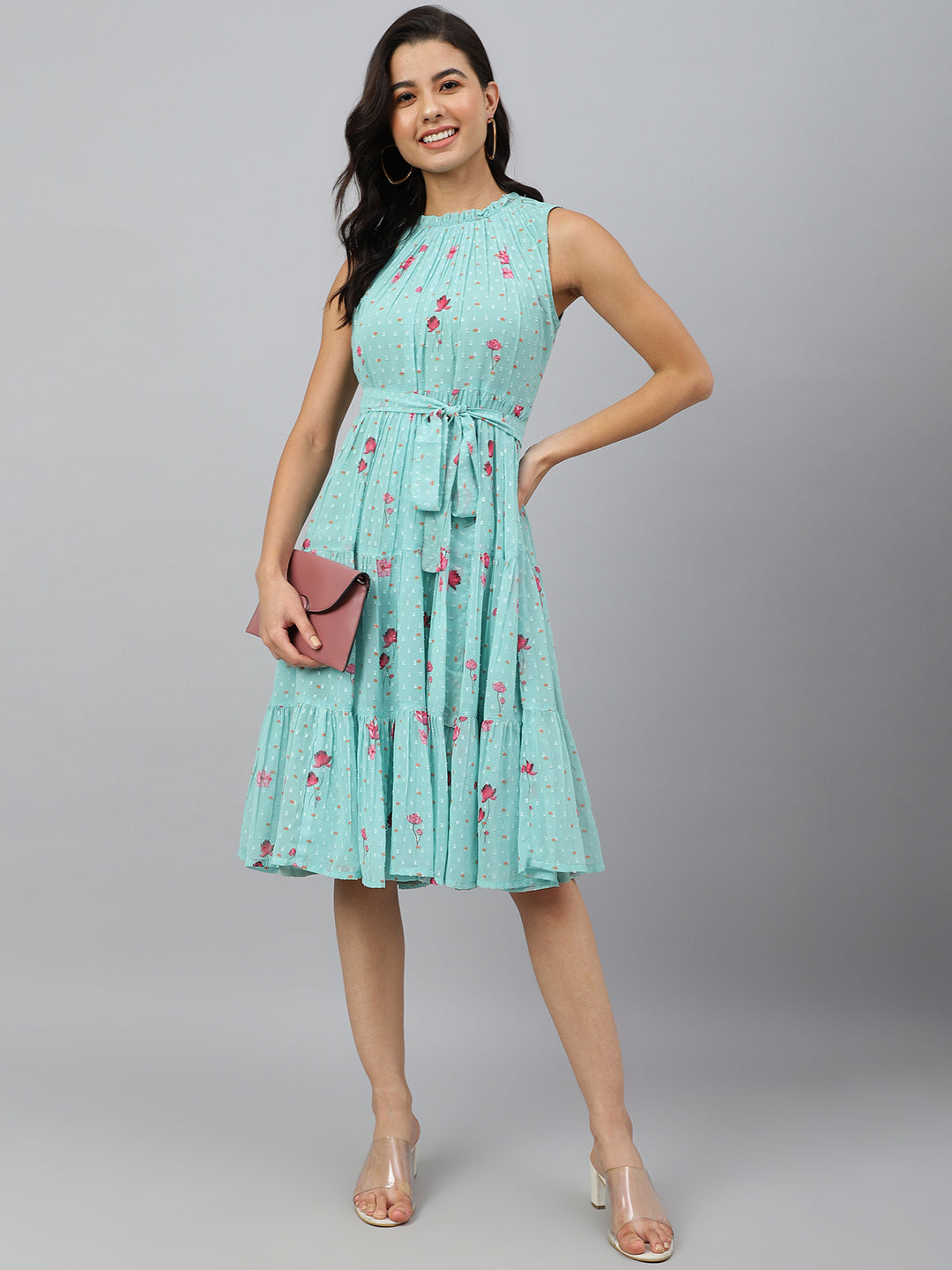 Janasya Women's Sea Green Dobby Georgette Floral Printed Tiered Western Dress 