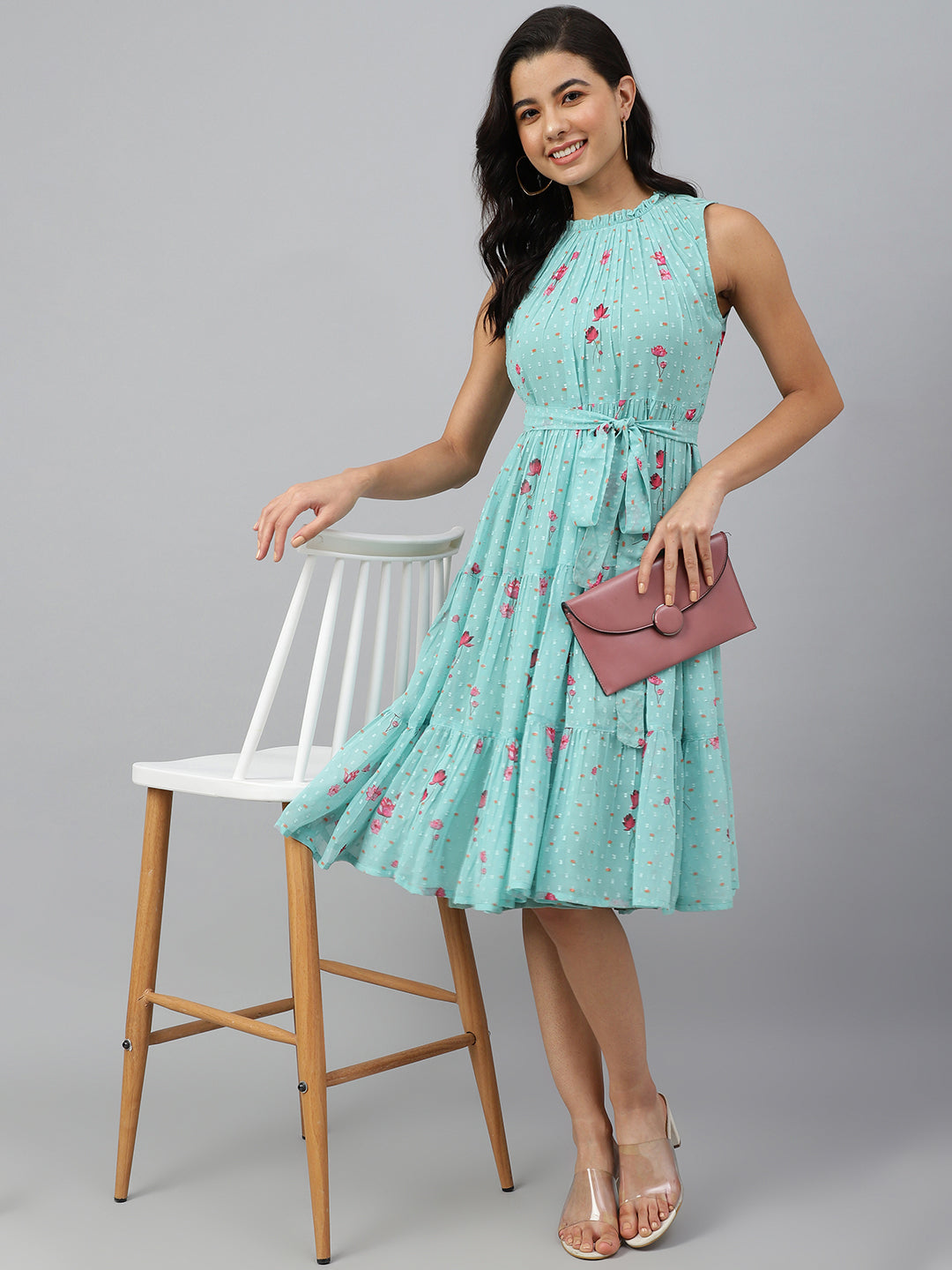 Janasya Women's Sea Green Dobby Georgette Floral Printed Tiered Western Dress 