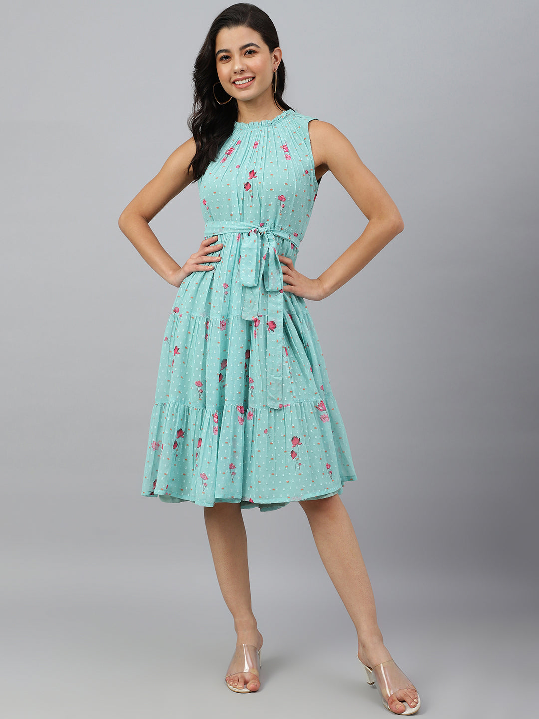 Janasya Women's Sea Green Dobby Georgette Floral Printed Tiered Western Dress 