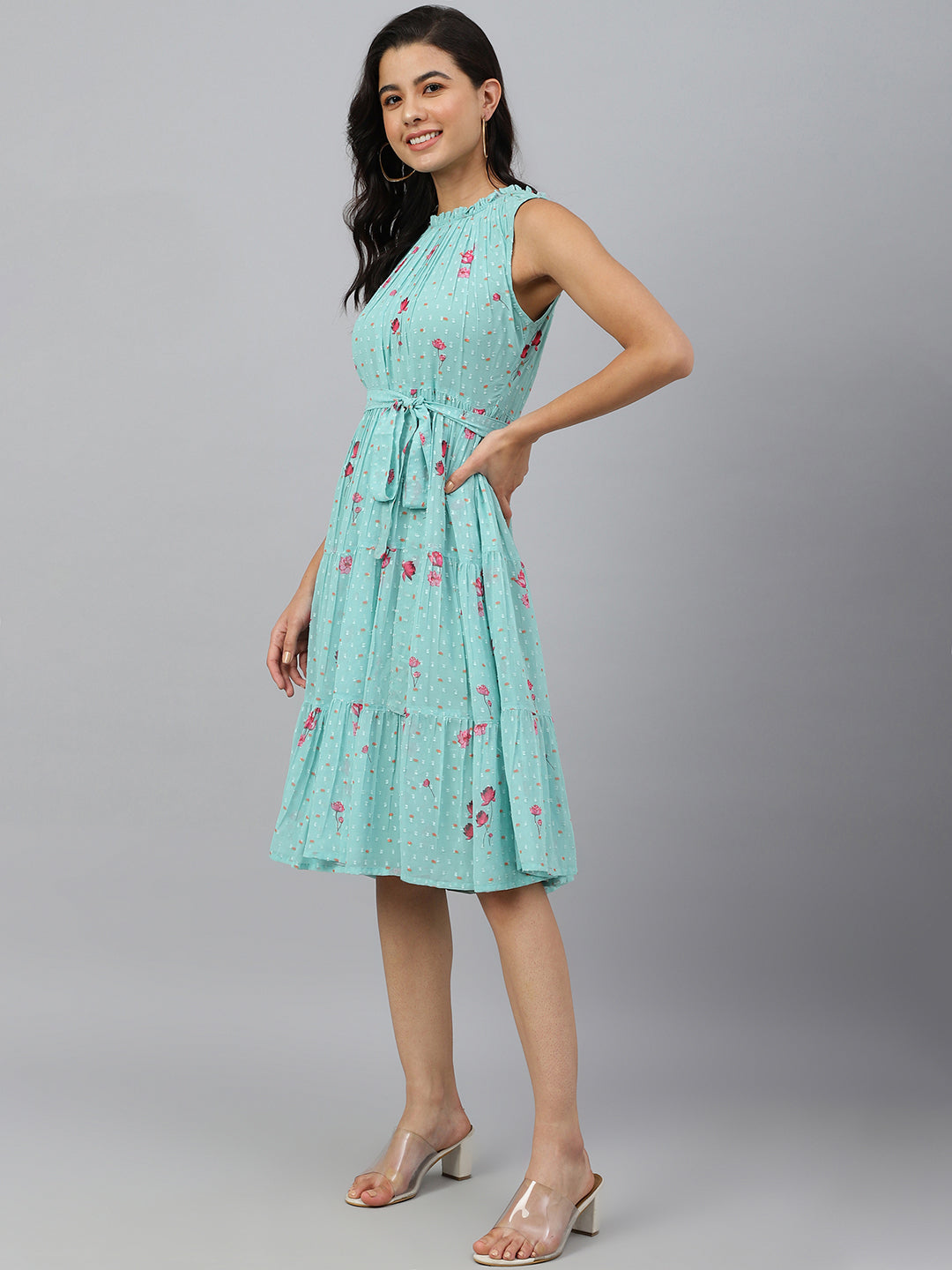 Janasya Women's Sea Green Dobby Georgette Floral Printed Tiered Western Dress 