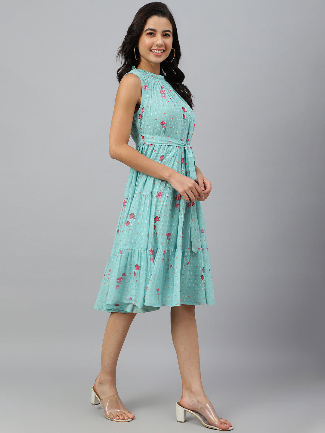 Janasya Women's Sea Green Dobby Georgette Floral Printed Tiered Western Dress 