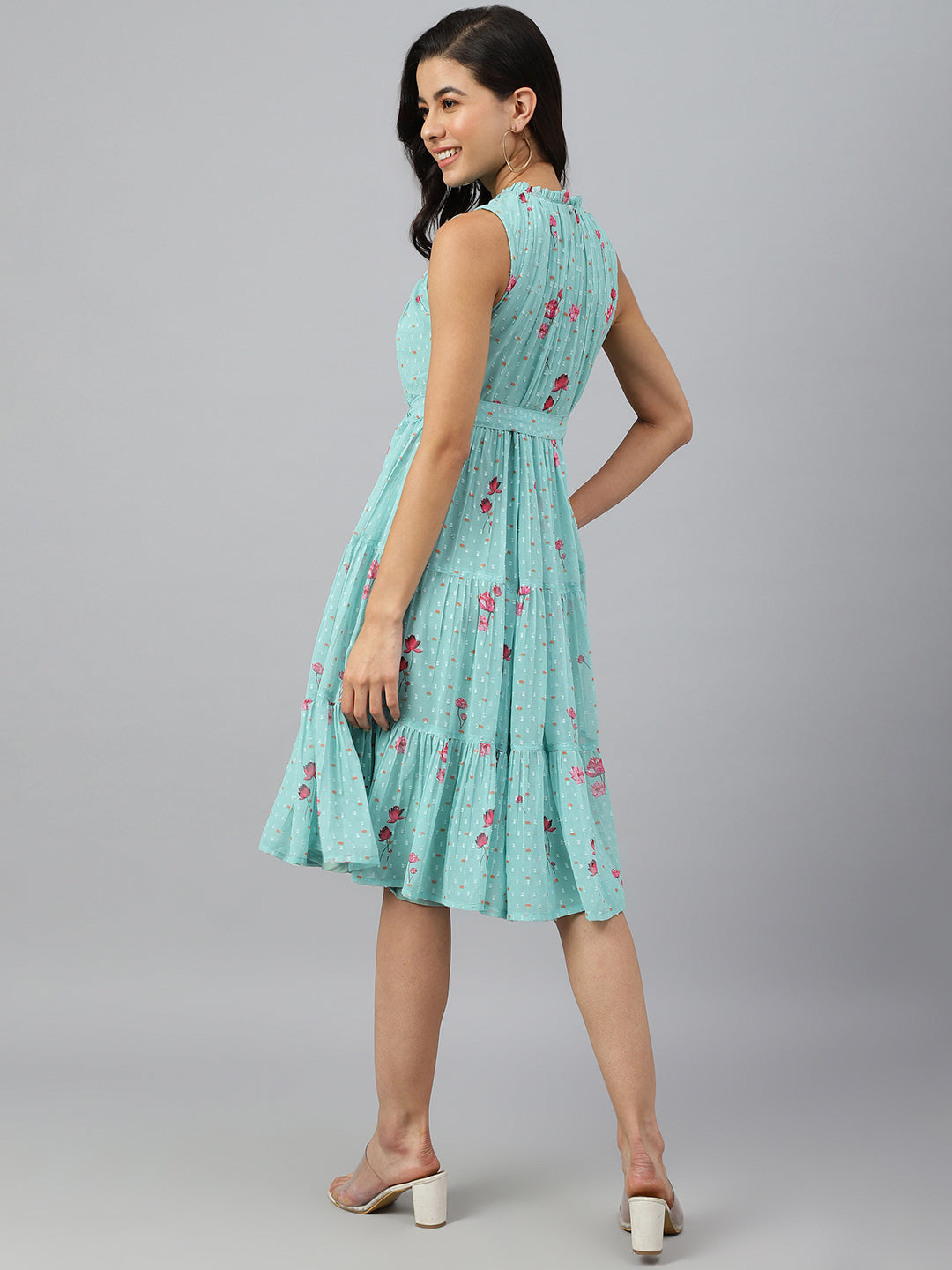 Janasya Women's Sea Green Dobby Georgette Floral Printed Tiered Western Dress 