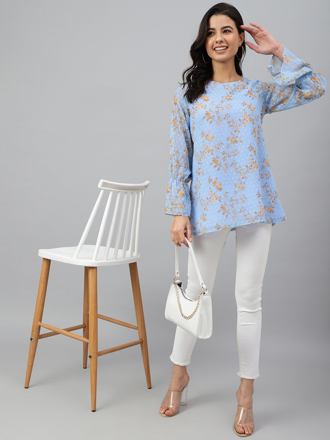 Janasya Women's Sky Blue Dobby Georgette Digital Print A-Line Top 