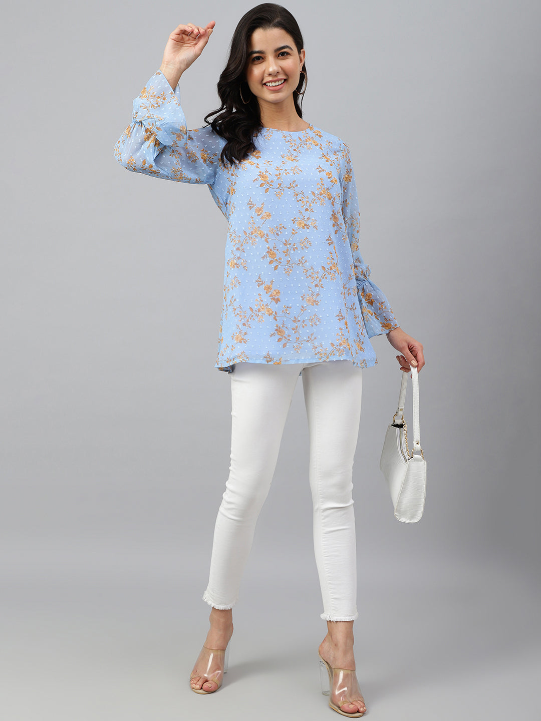 Janasya Women's Sky Blue Dobby Georgette Digital Print A-Line Top 