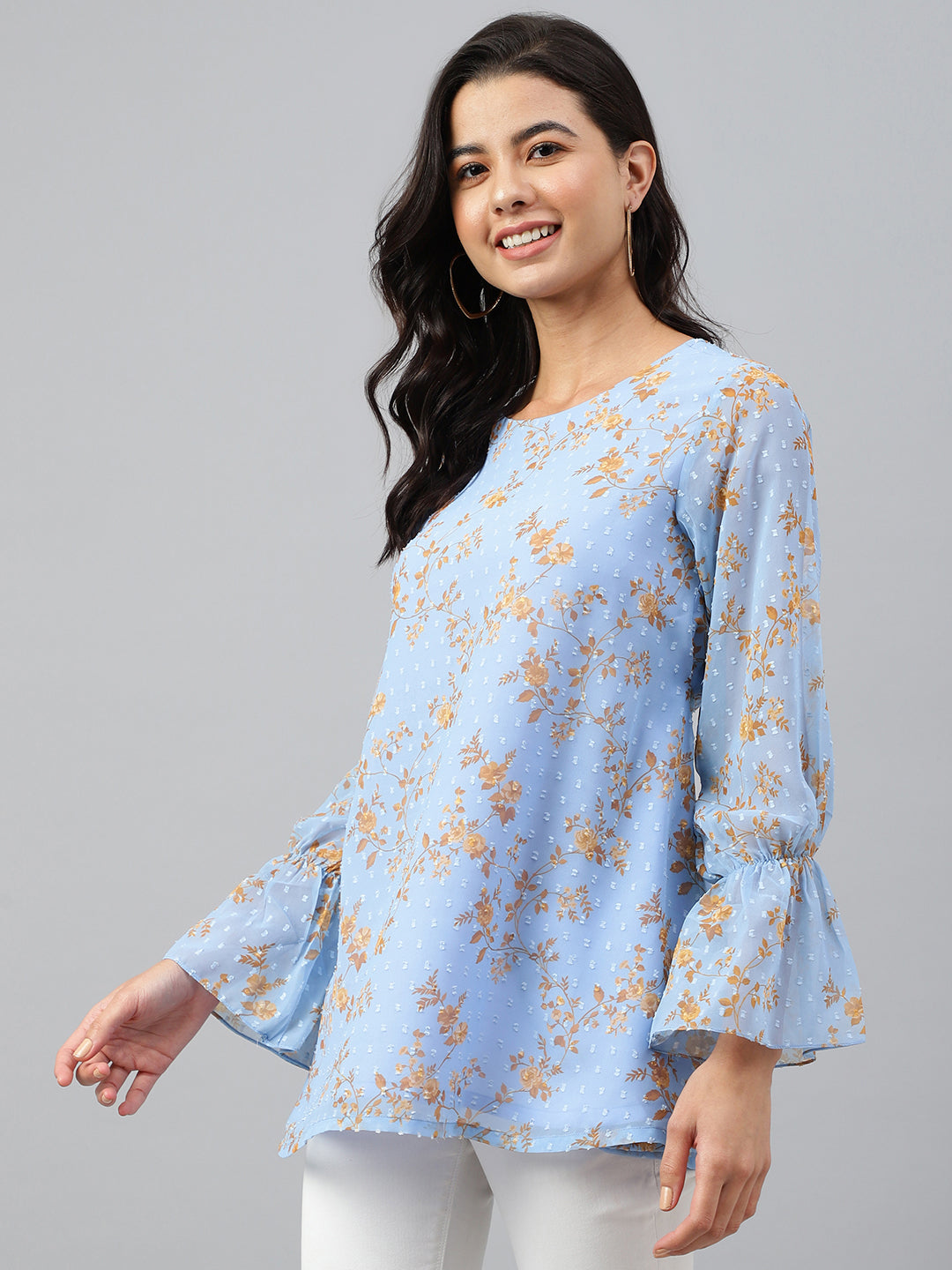 Janasya Women's Sky Blue Dobby Georgette Digital Print A-Line Top 