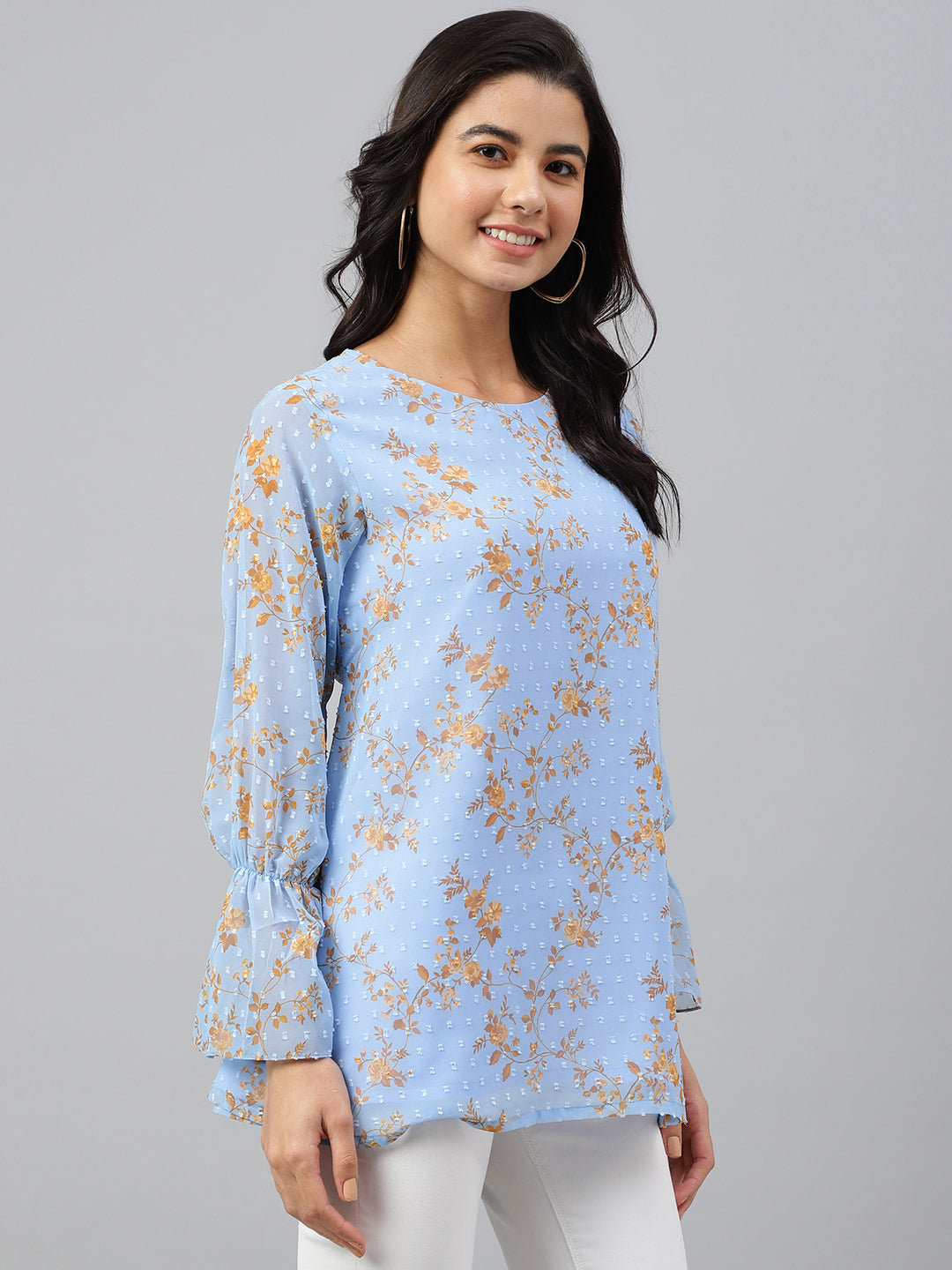 Janasya Women's Sky Blue Dobby Georgette Digital Print A-Line Top 