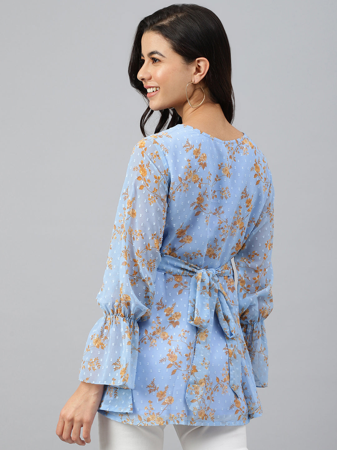 Janasya Women's Sky Blue Dobby Georgette Digital Print A-Line Top 