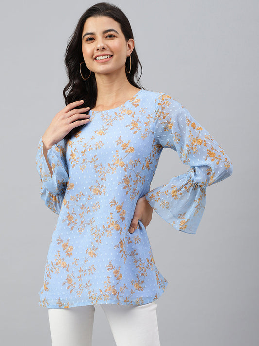 Janasya Women's Sky Blue Dobby Georgette Digital Print A-Line Top 