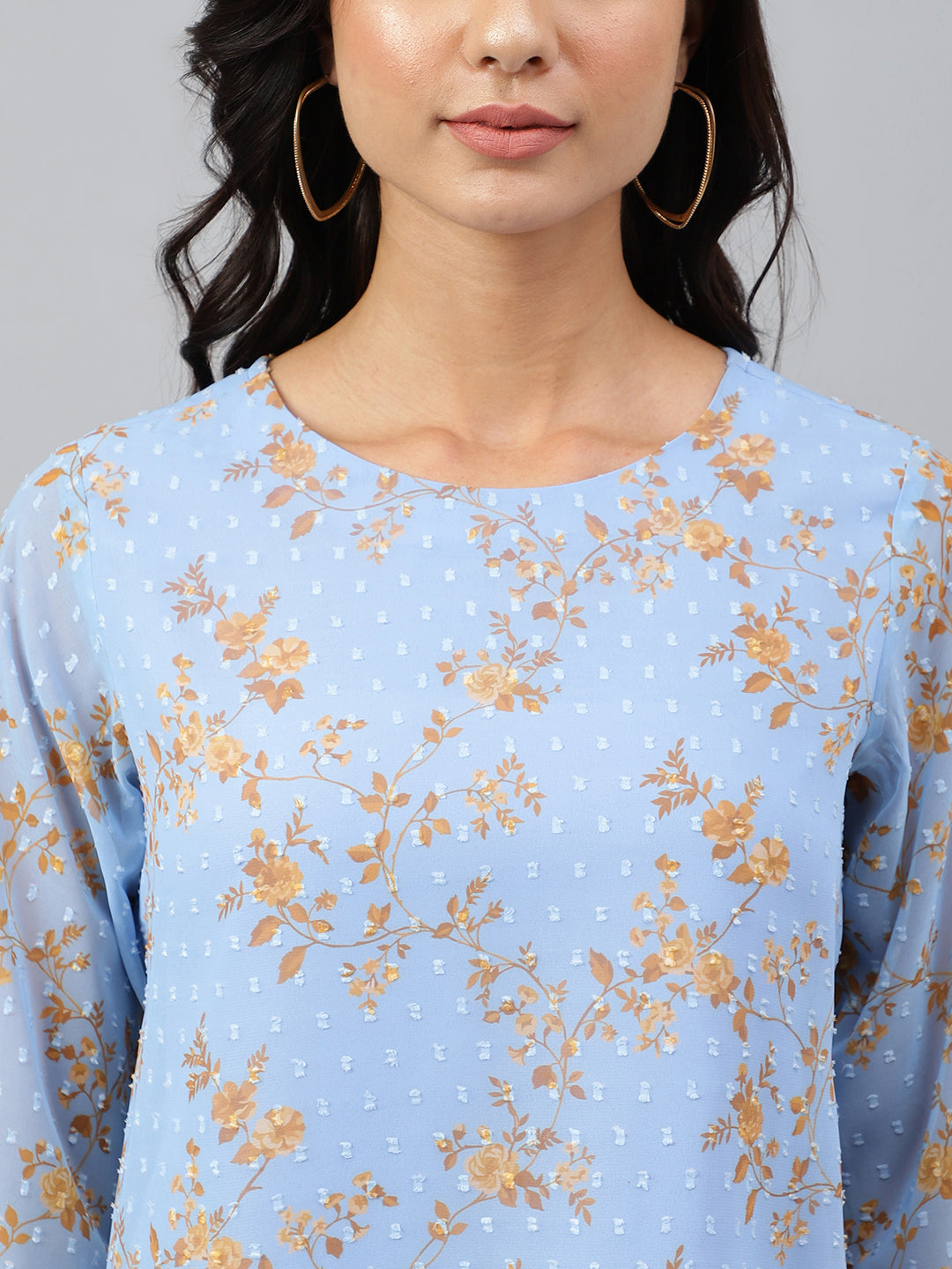 Janasya Women's Sky Blue Dobby Georgette Digital Print A-Line Top 