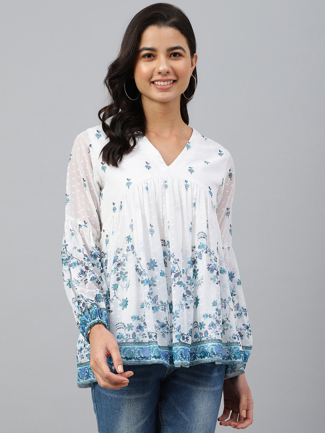 Janasya Women's White Georgette Digital Print Flared Top 