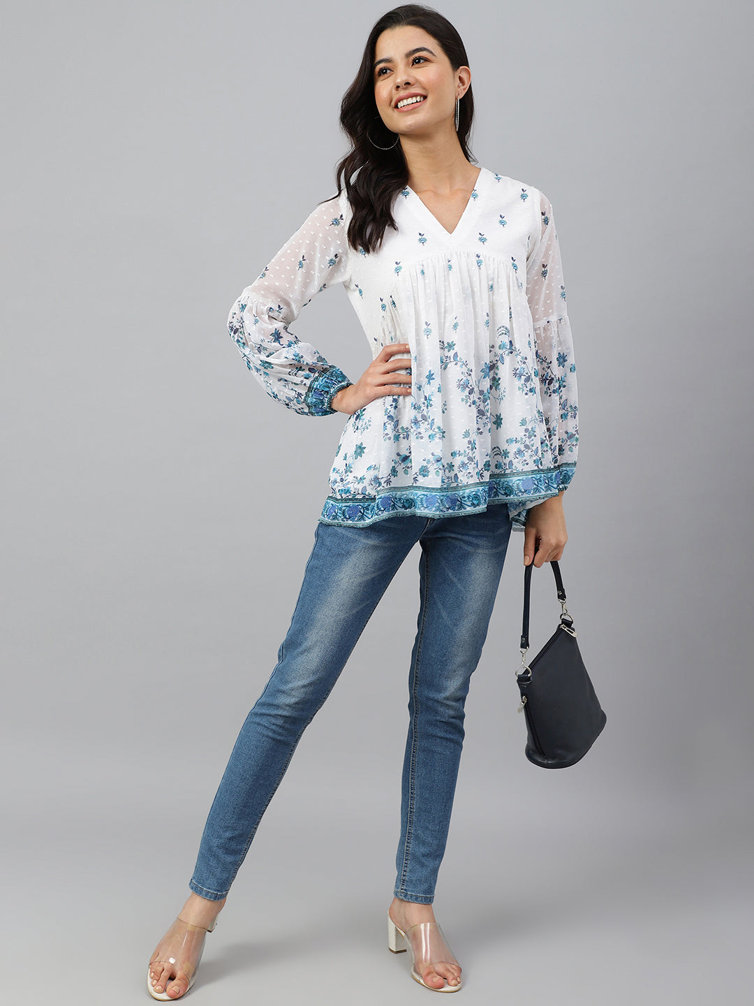 Janasya Women's White Georgette Digital Print Flared Top 