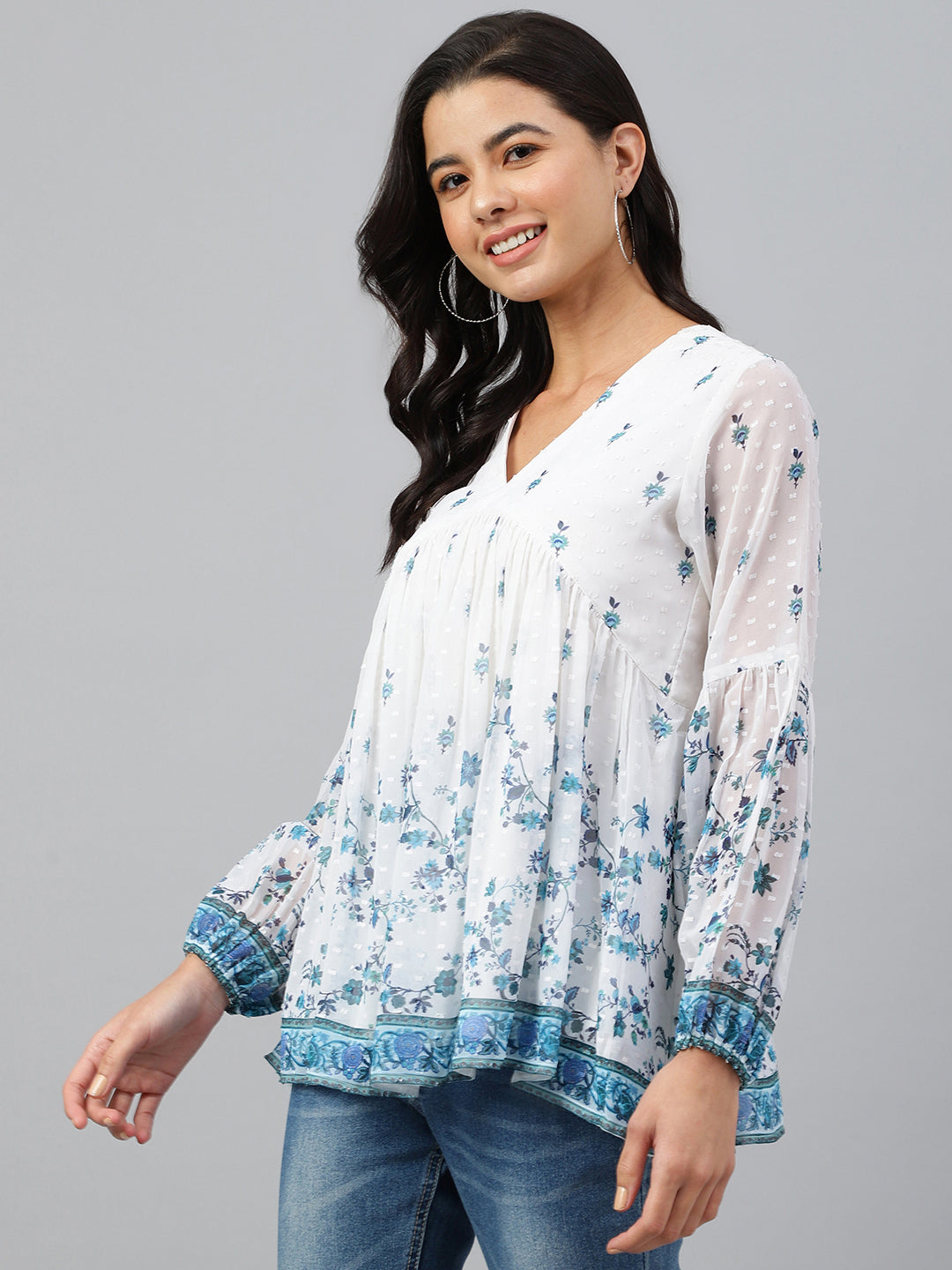 Janasya Women's White Georgette Digital Print Flared Top 