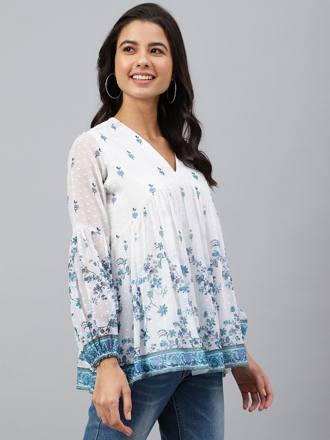 Janasya Women's White Georgette Digital Print Flared Top 