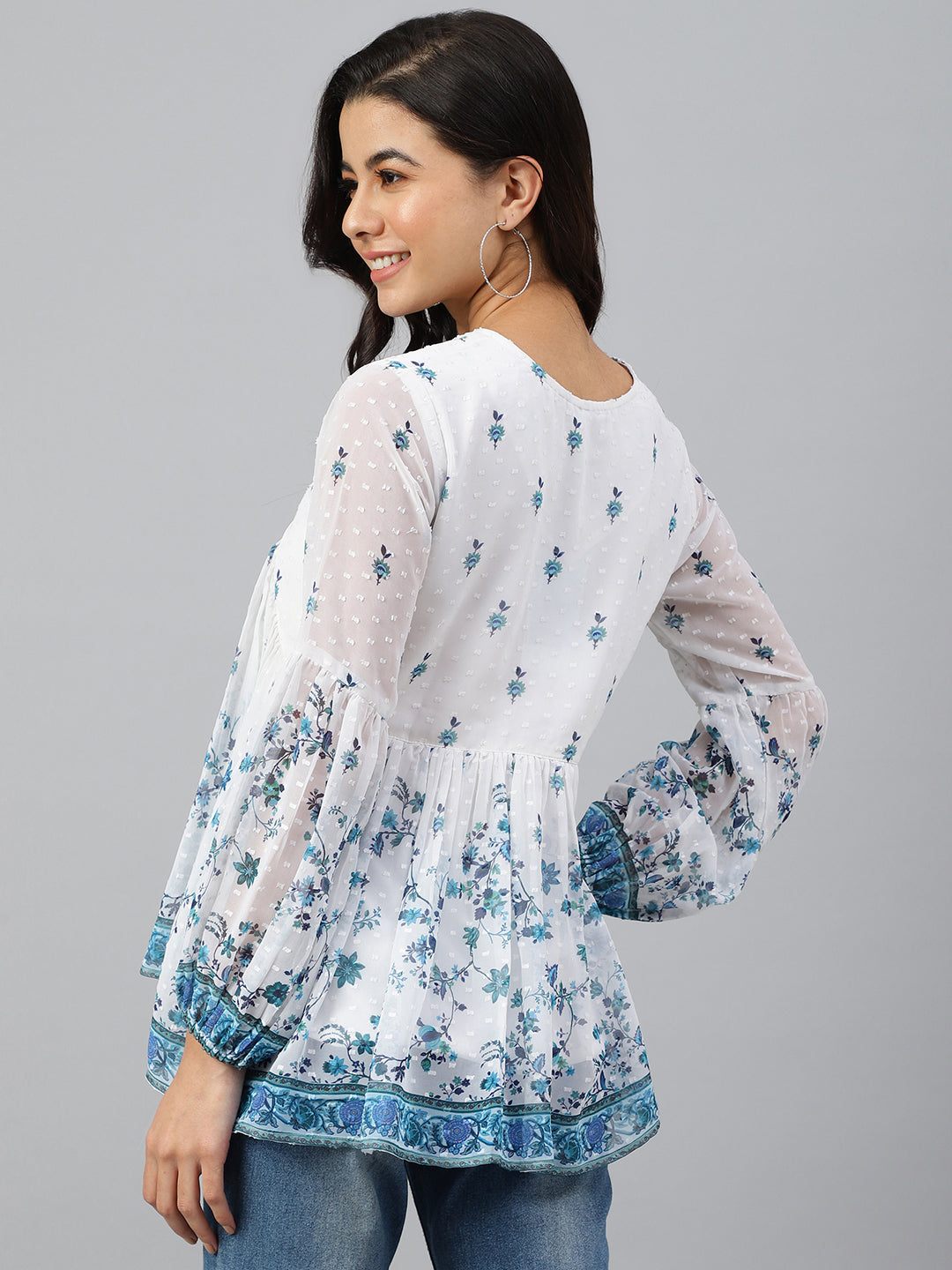Janasya Women's White Georgette Digital Print Flared Top 