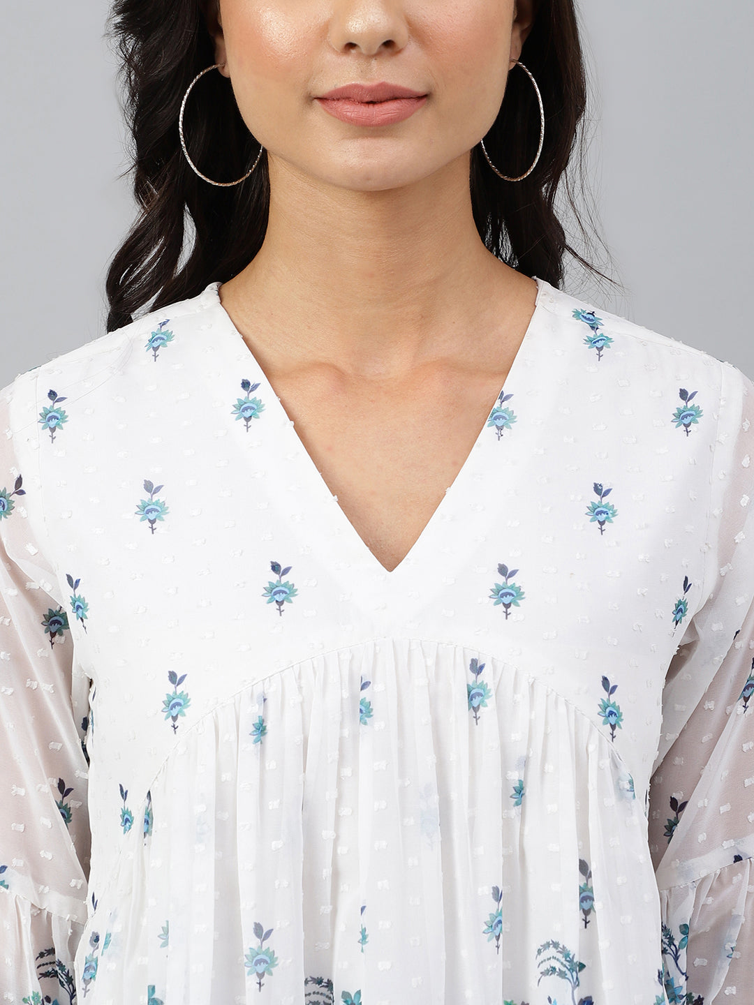 Janasya Women's White Georgette Digital Print Flared Top 
