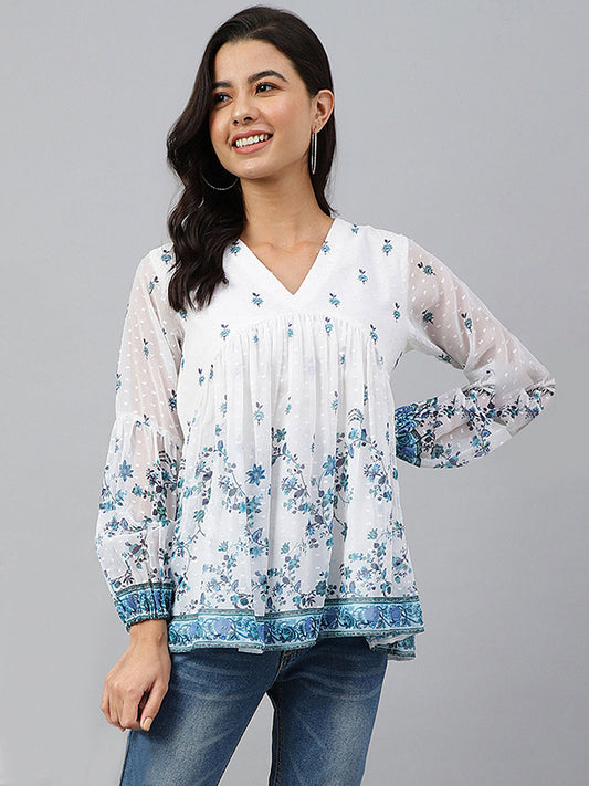Janasya Women's White Georgette Digital Print Flared Top 