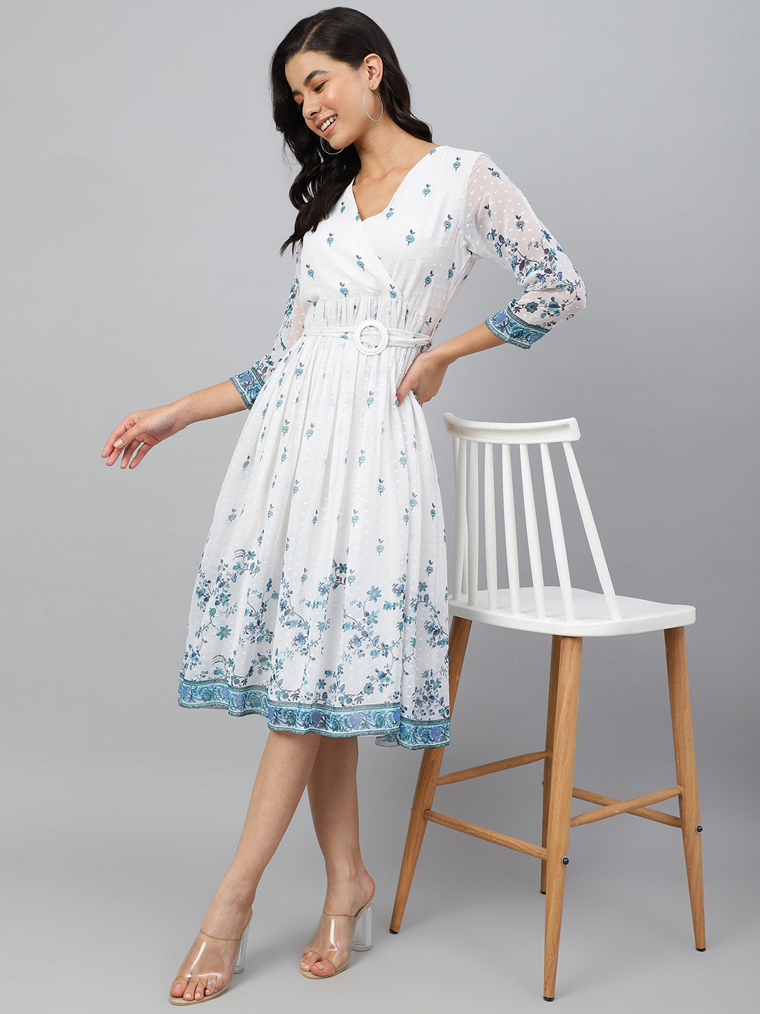 Janasya Women's White Georgette Digital Printed Flared Western Dress 