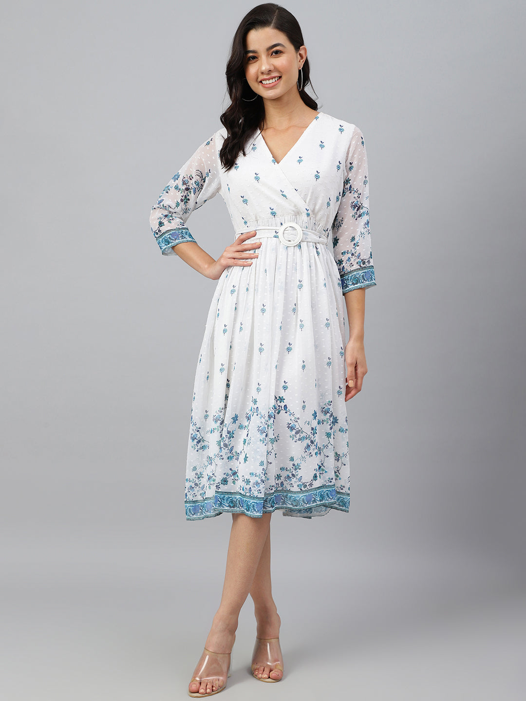 Janasya Women's White Georgette Digital Printed Flared Western Dress 