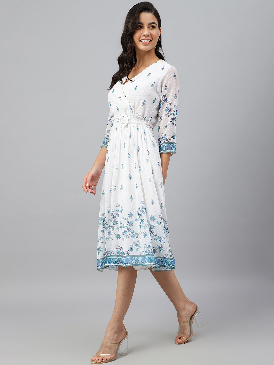 Janasya Women's White Georgette Digital Printed Flared Western Dress 