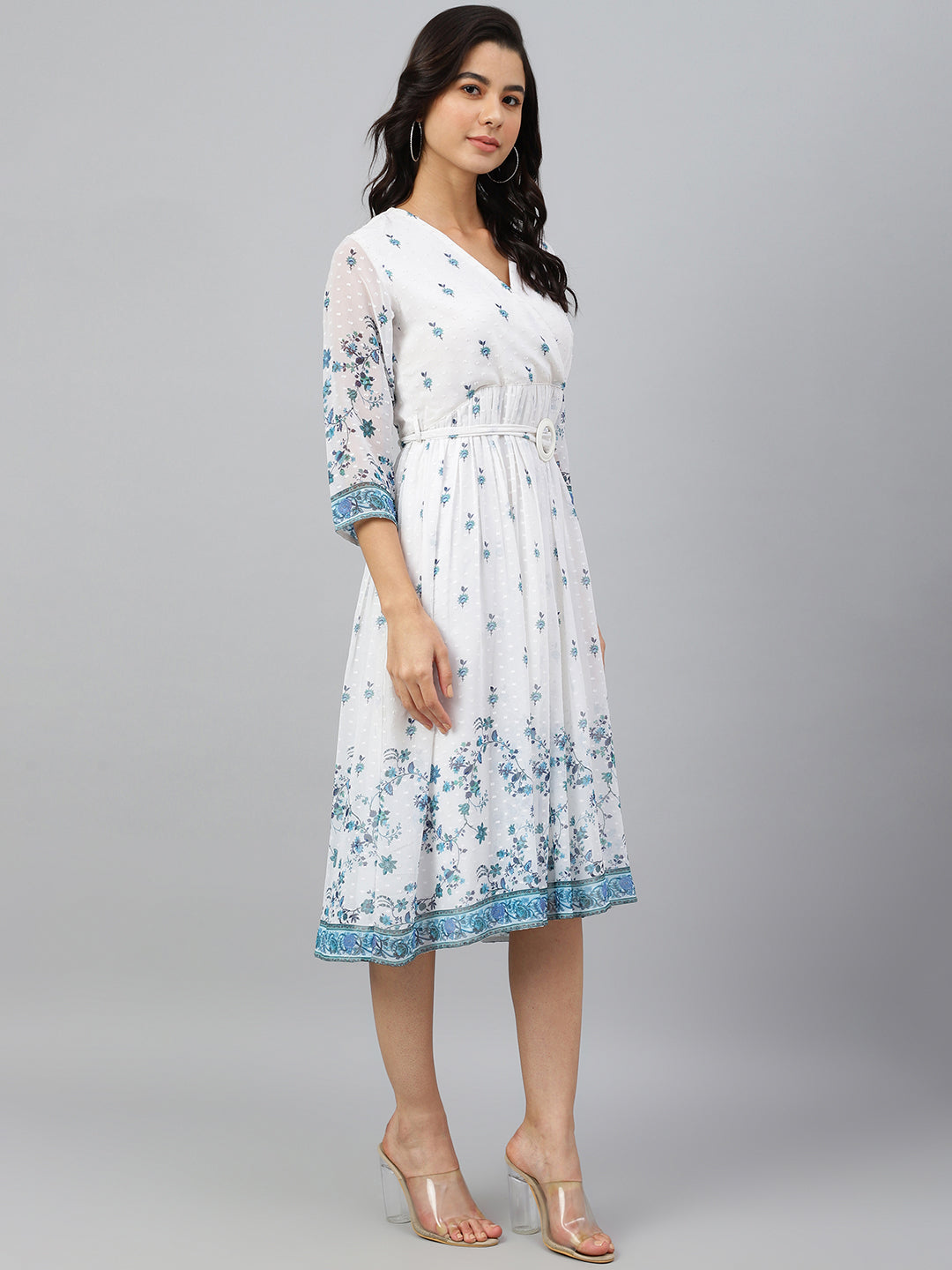 Janasya Women's White Georgette Digital Printed Flared Western Dress 