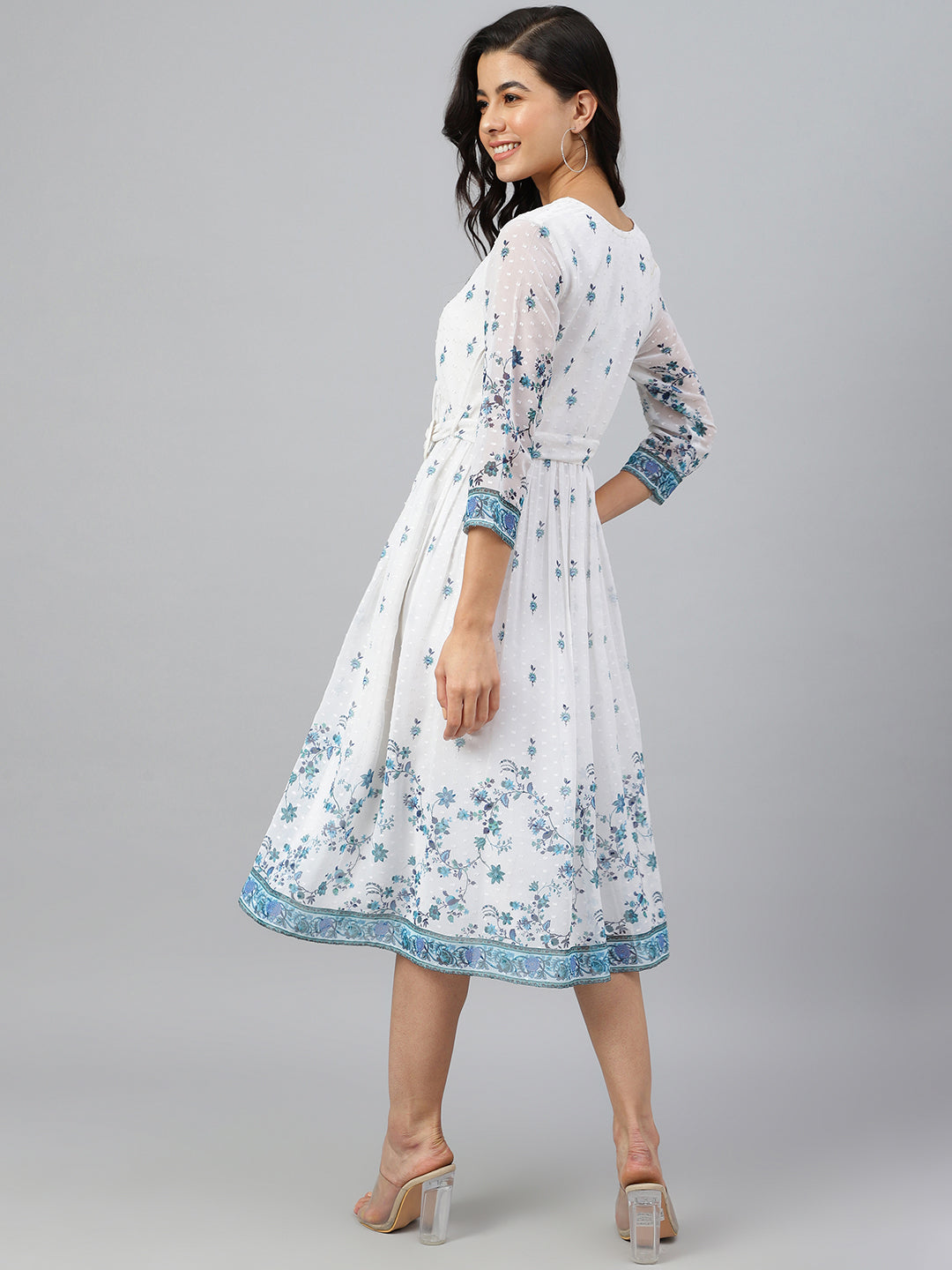Janasya Women's White Georgette Digital Printed Flared Western Dress 