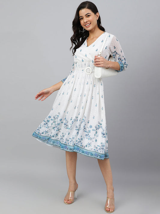 Janasya Women's White Georgette Digital Printed Flared Western Dress 