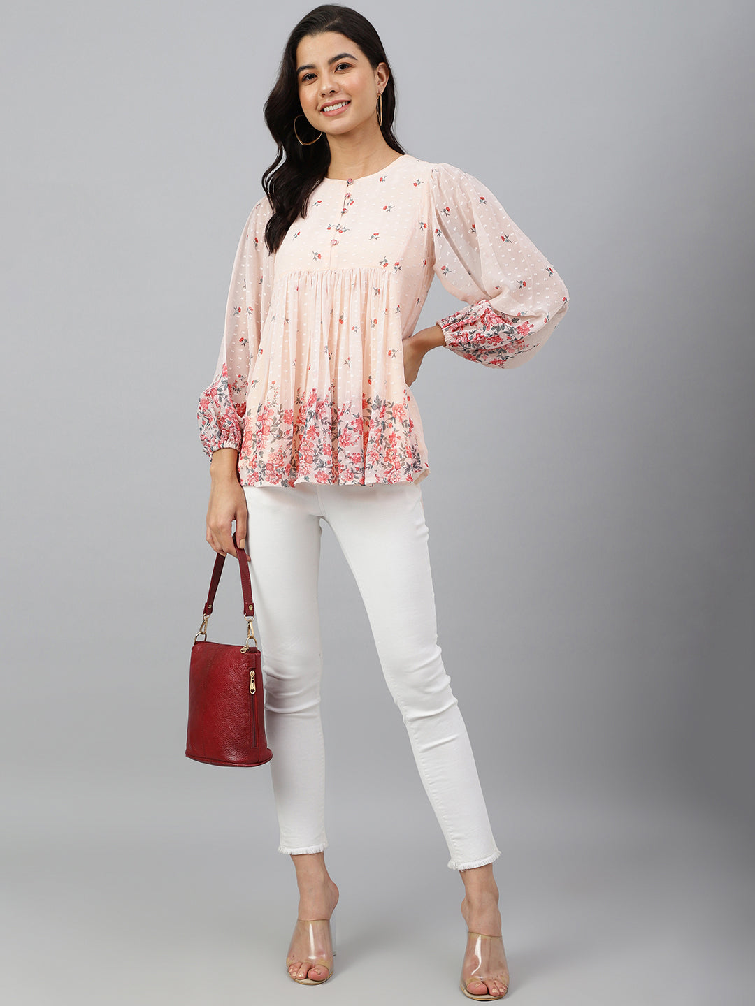 Janasya Women's Peach Georgette Floral Print Flared Top 