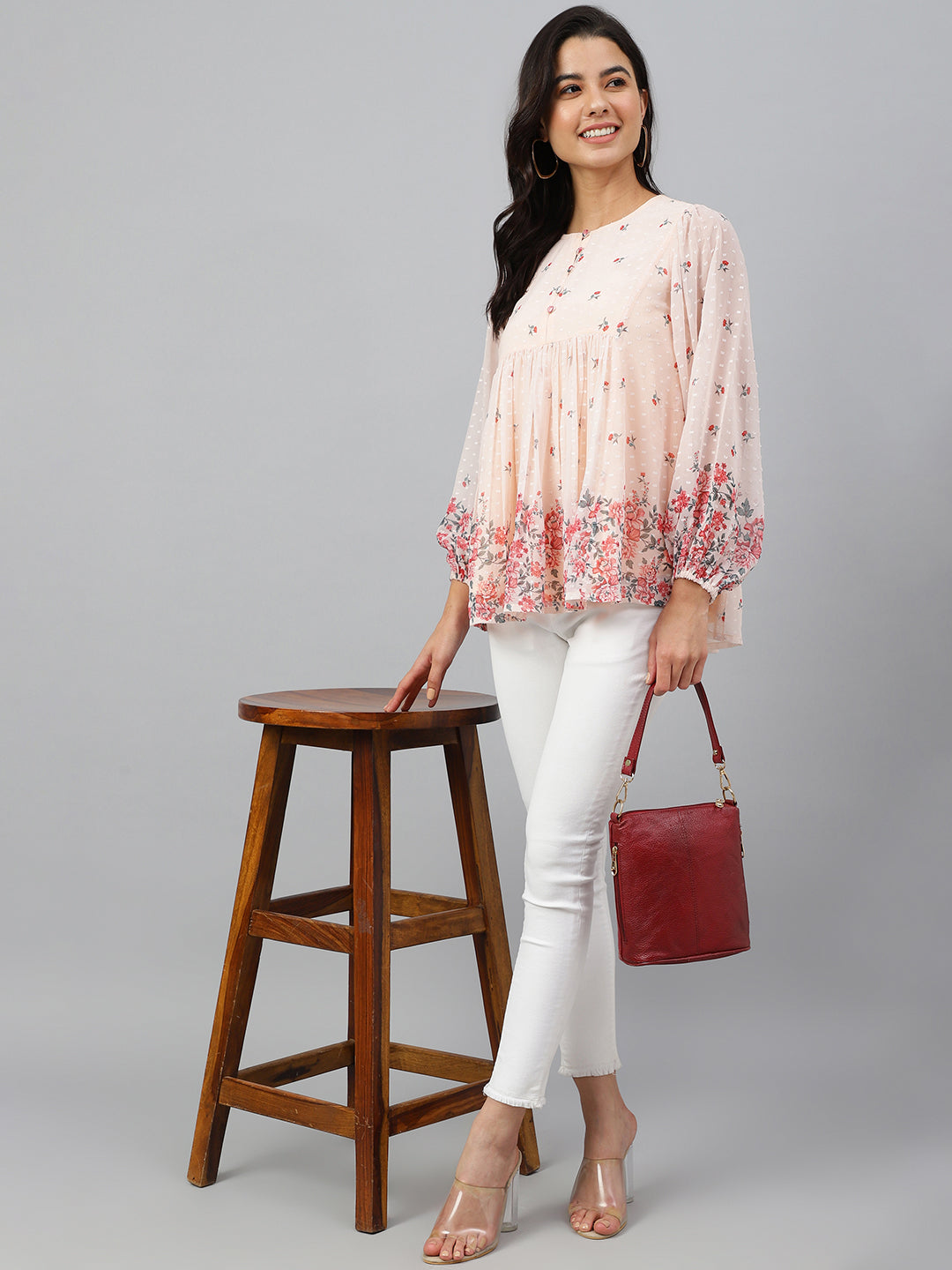 Janasya Women's Peach Georgette Floral Print Flared Top 