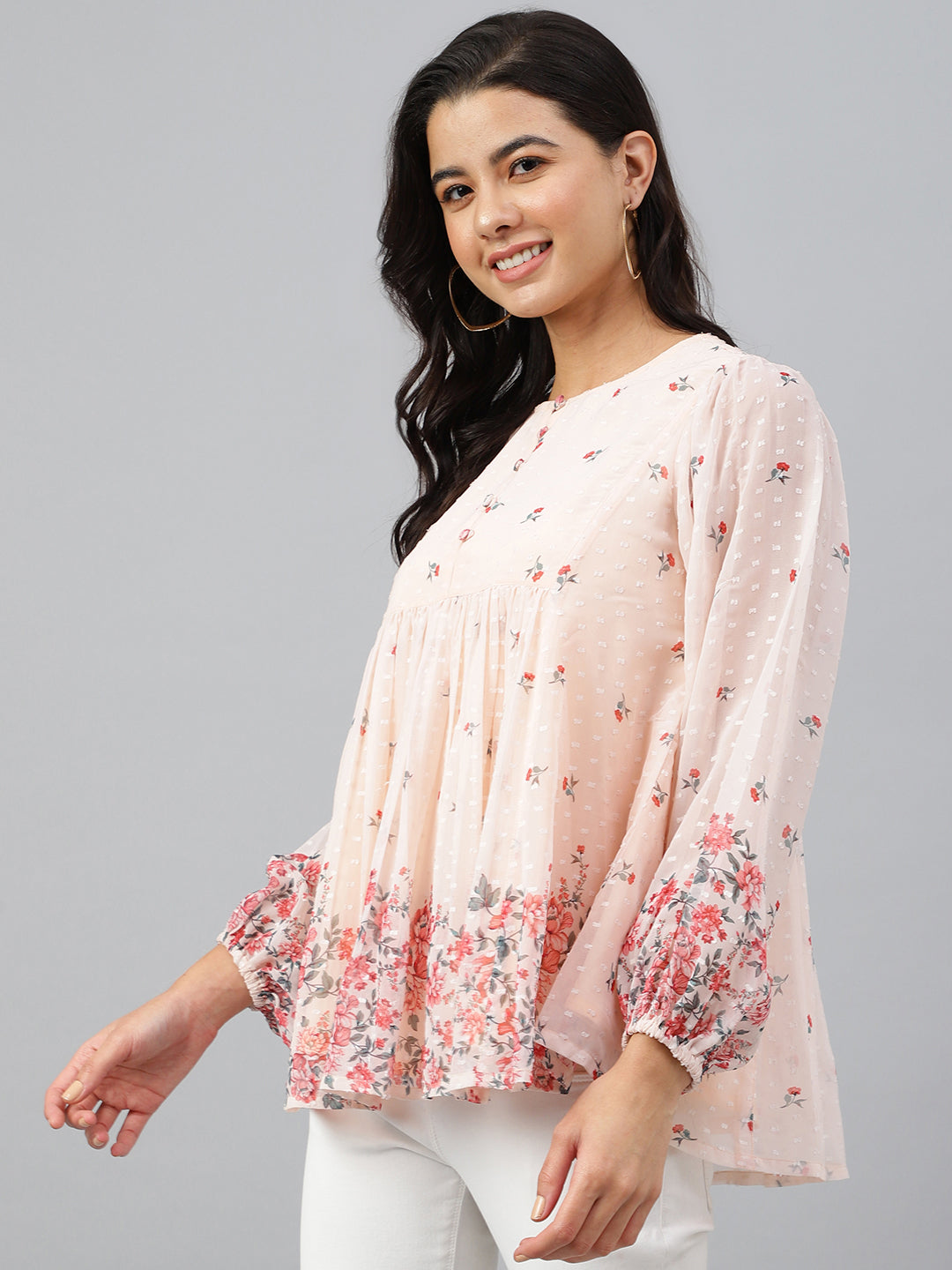Janasya Women's Peach Georgette Floral Print Flared Top 