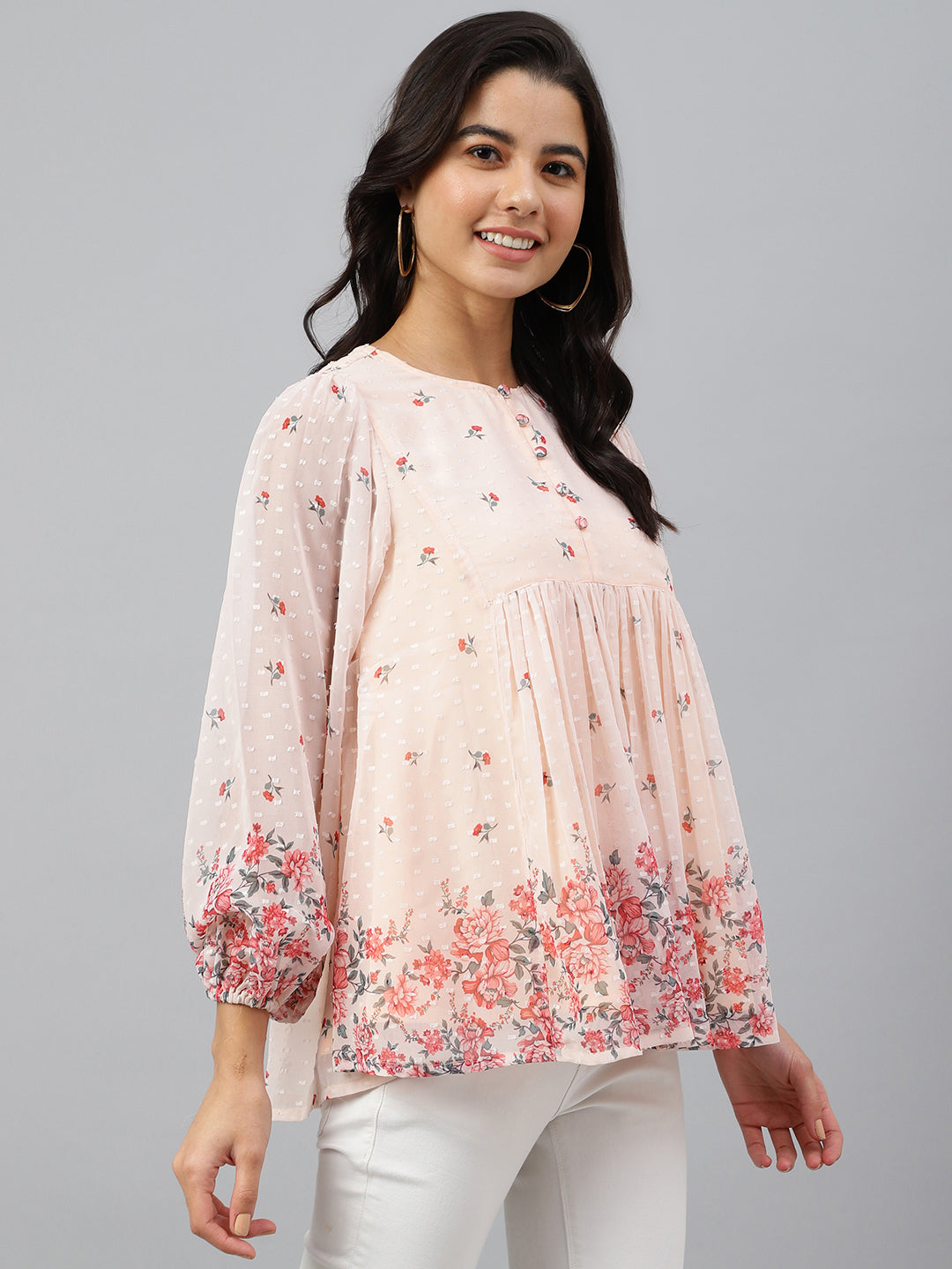 Janasya Women's Peach Georgette Floral Print Flared Top 