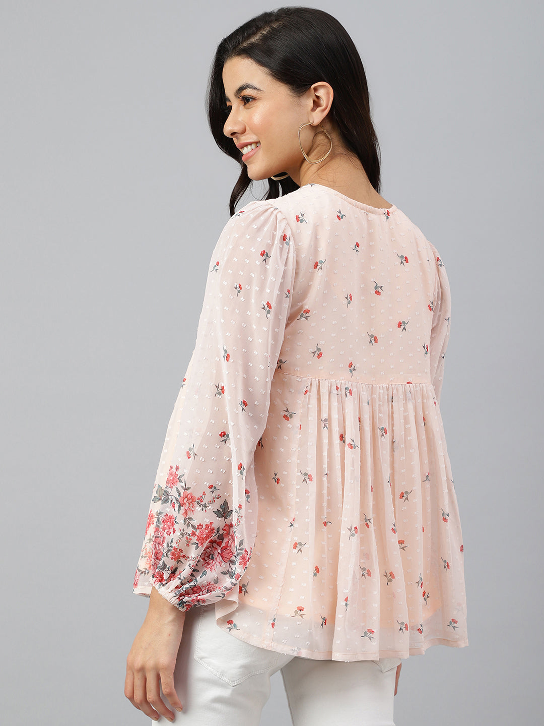 Janasya Women's Peach Georgette Floral Print Flared Top 