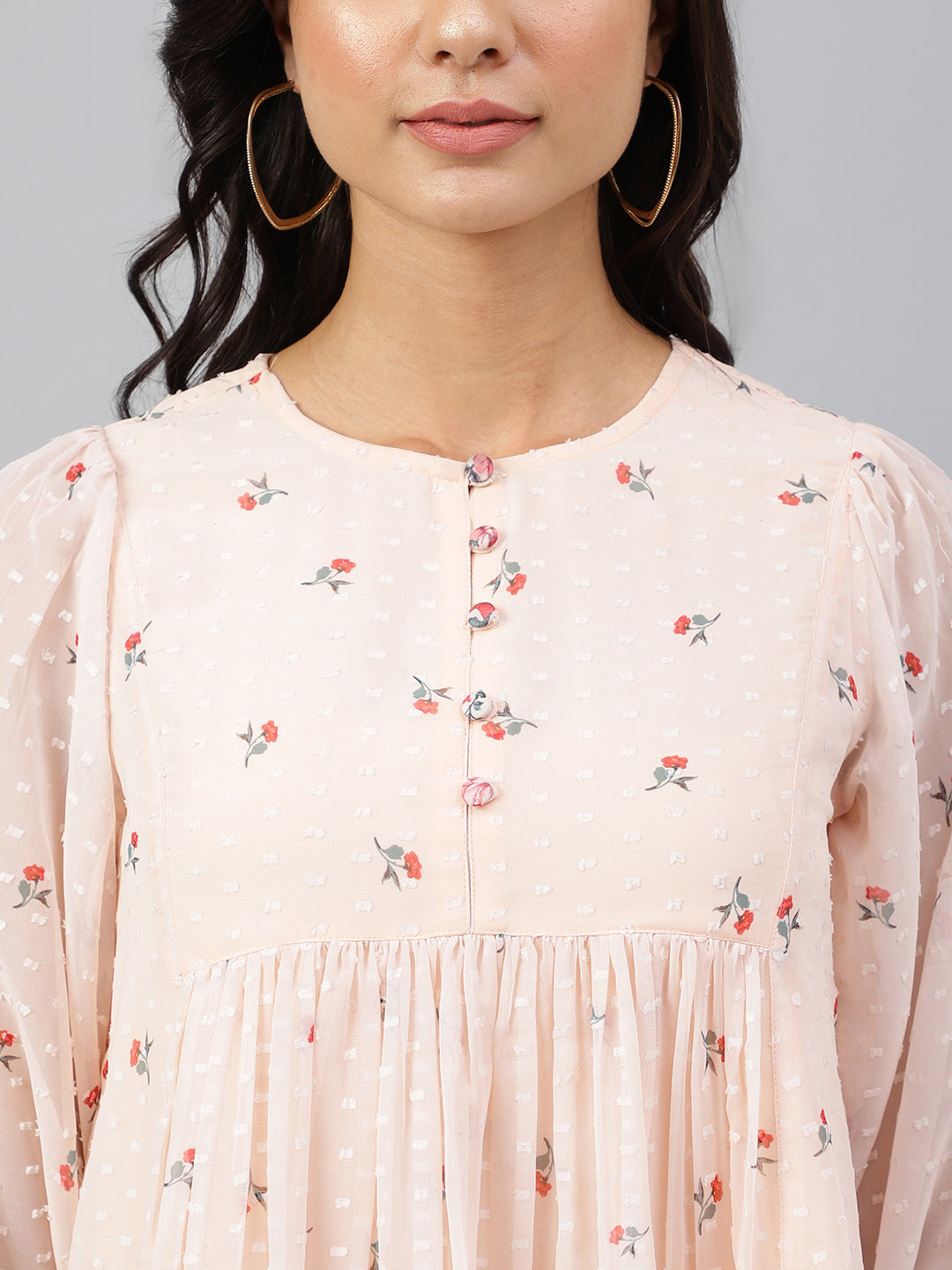 Janasya Women's Peach Georgette Floral Print Flared Top 