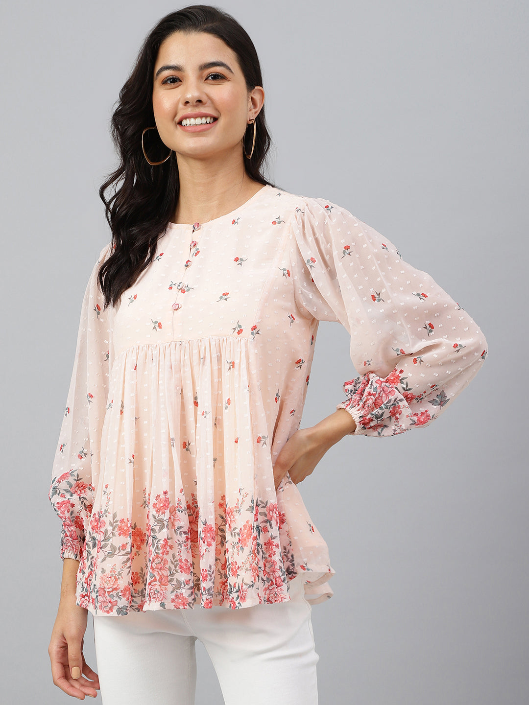 Janasya Women's Peach Georgette Floral Print Flared Top 