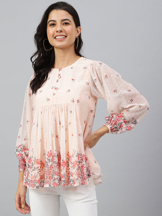 Janasya Women's Peach Georgette Floral Print Flared Top 