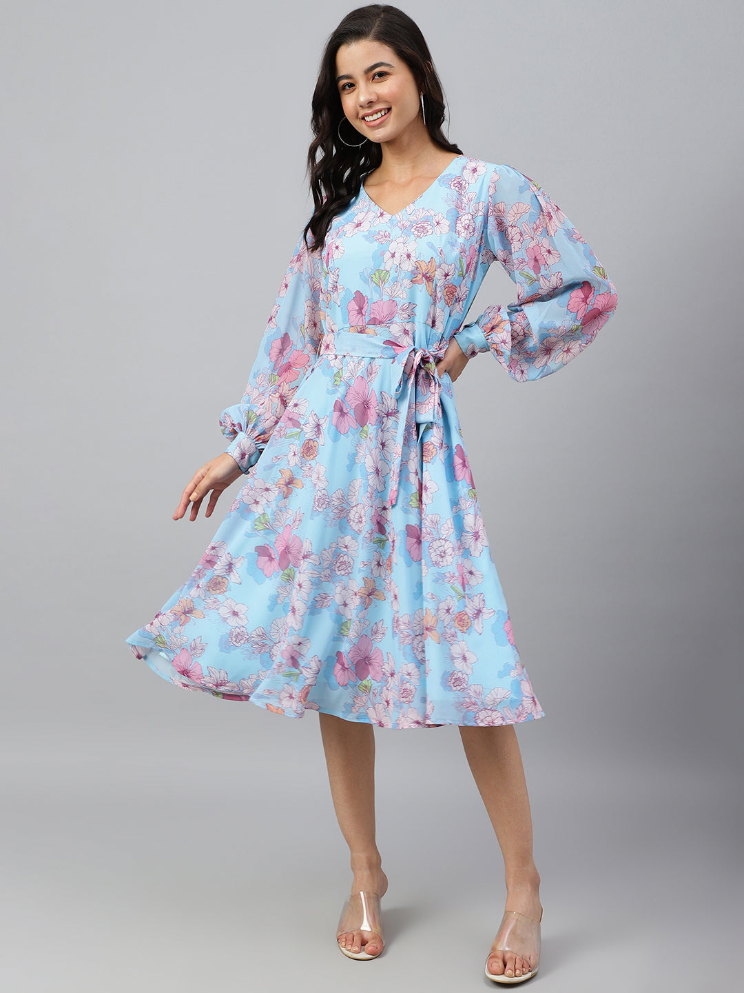 Janasya Women's Sky Blue Georgette Floral Printed Flared Western Dress 