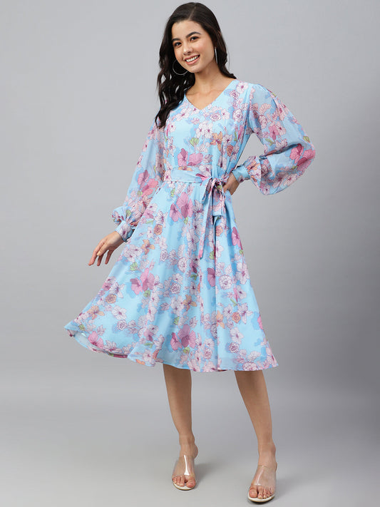 Janasya Women's Sky Blue Georgette Floral Printed Flared Western Dress 